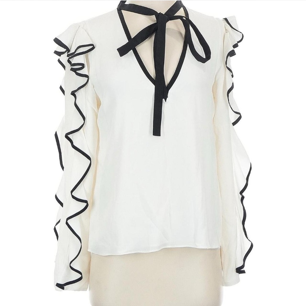 White Alexis Ruffle Sleeve Blouse w Black Trim